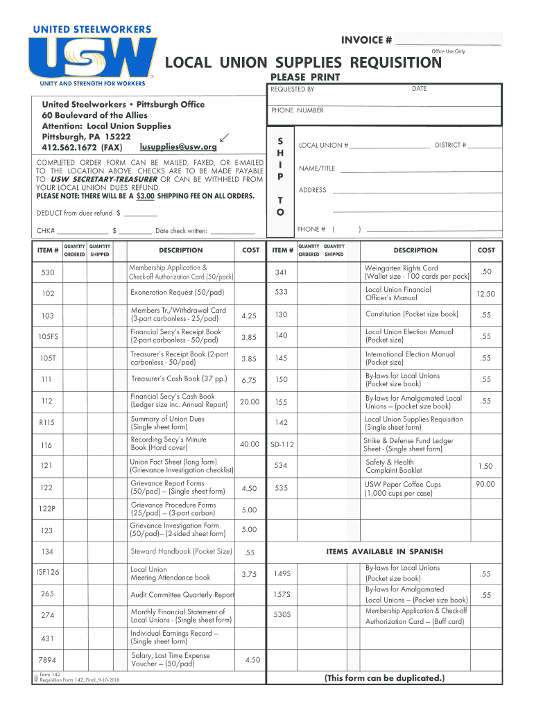  Form 142C Local Union Supplies Requisition Form 2018