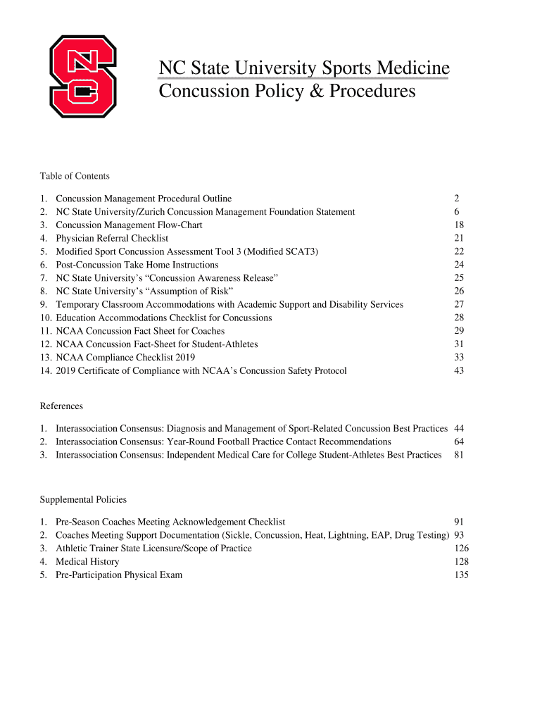  NC State University Sports Medicine Concussion Policy 2019-2024