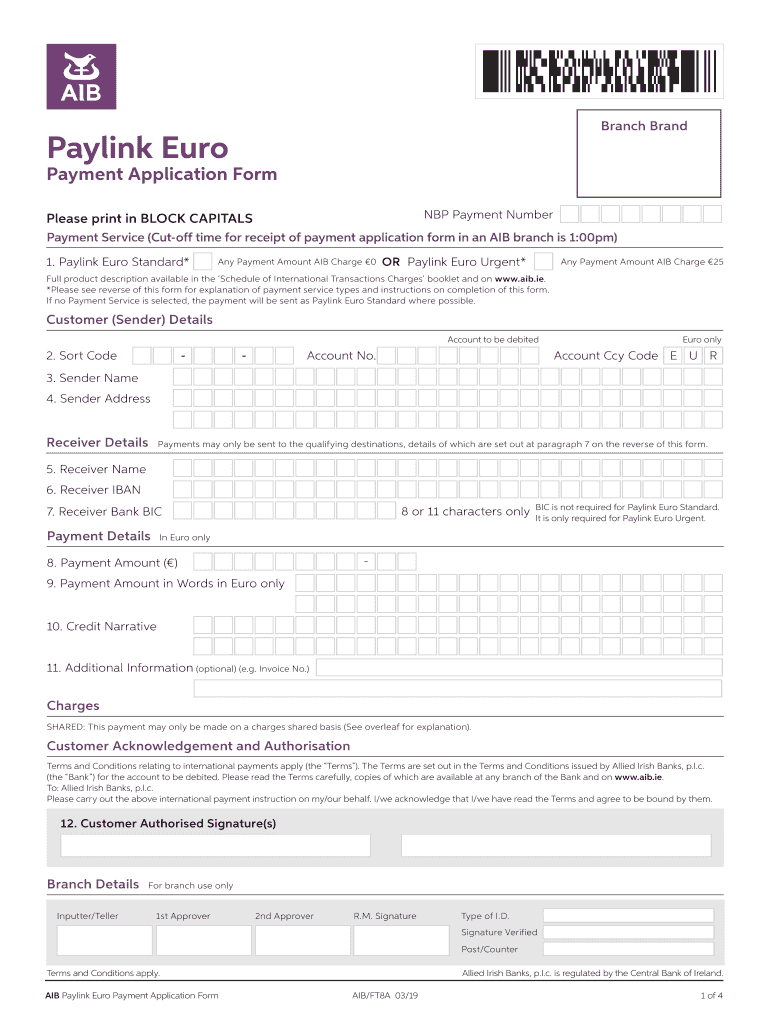  Aib Paylink Euro Application Form 2019-2024