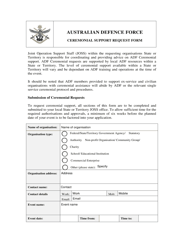 Request for Ceremonial Support from Defence  Form