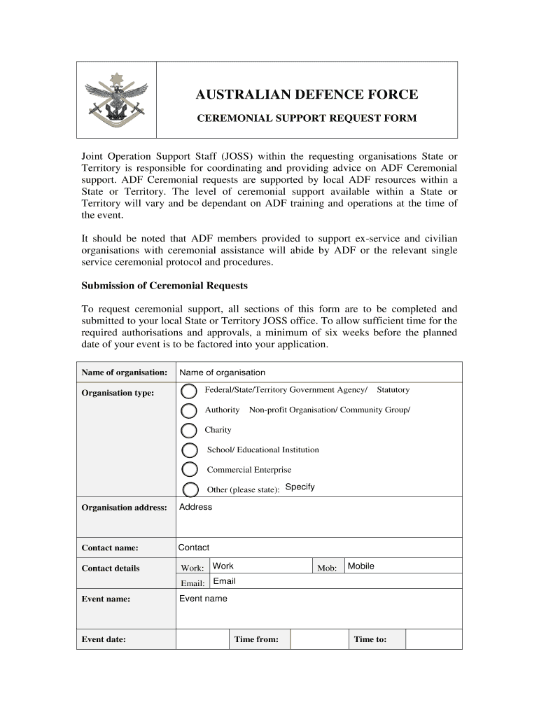 Request for Ceremonial Support from Defence 2017