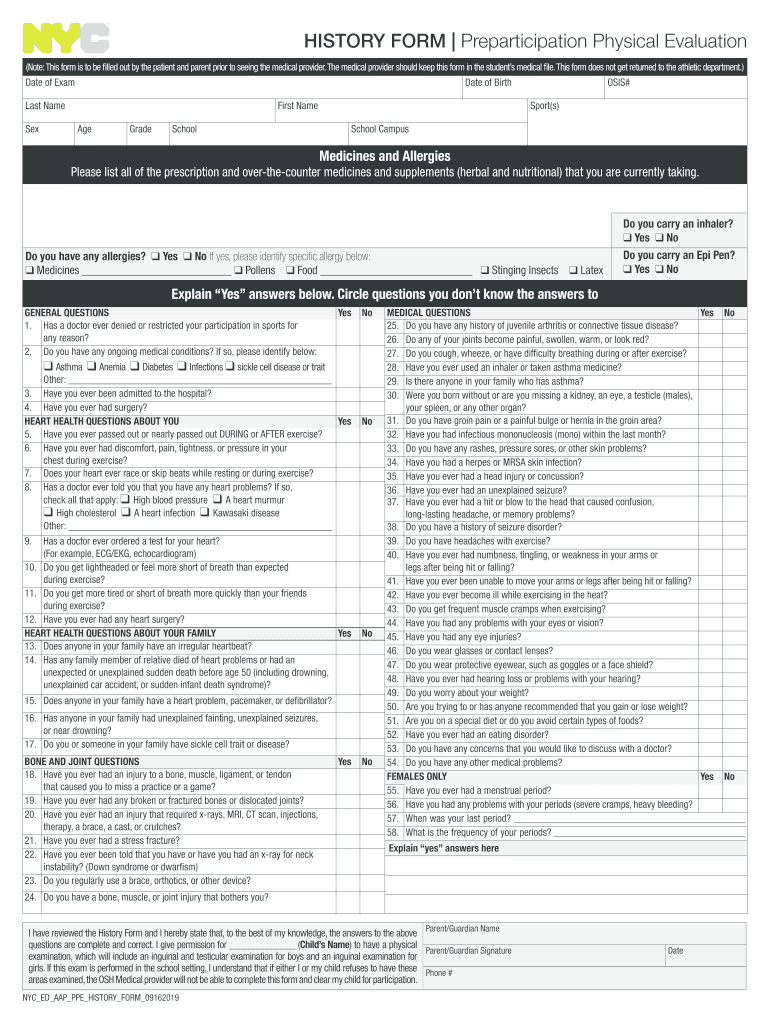  HISTORY FORMPreparticipation Physical Evaluation InfoHub 2019-2024