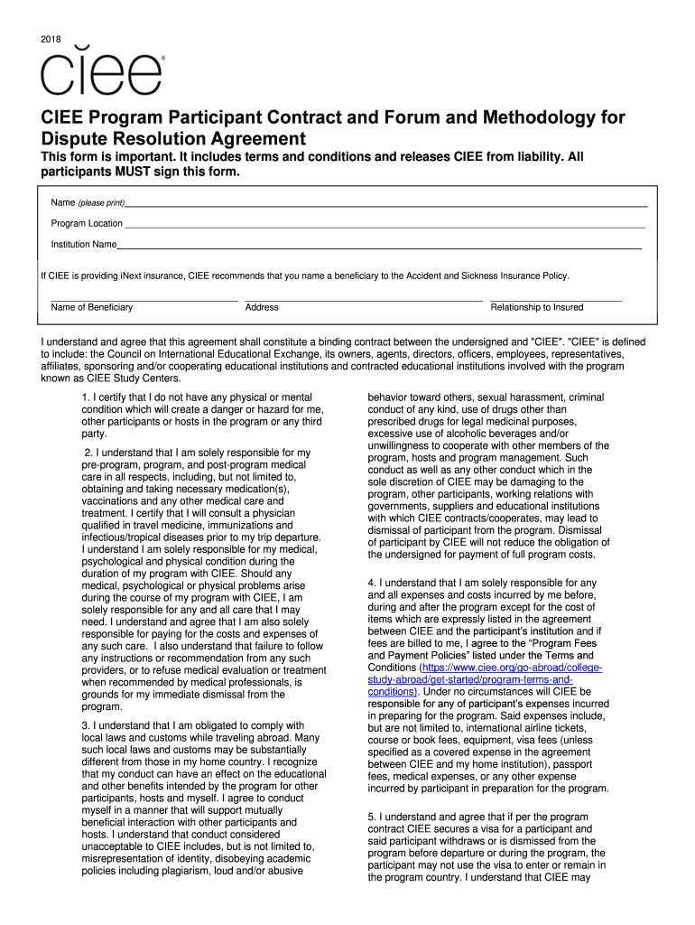 CIEE Program Participant Contract and Forum and Methodology for  Form