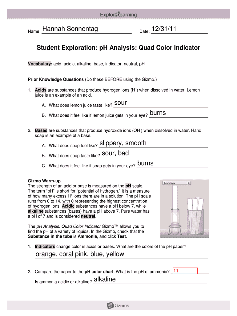 Gizmos Student Exploration Ph Analysis Answer Key  Form