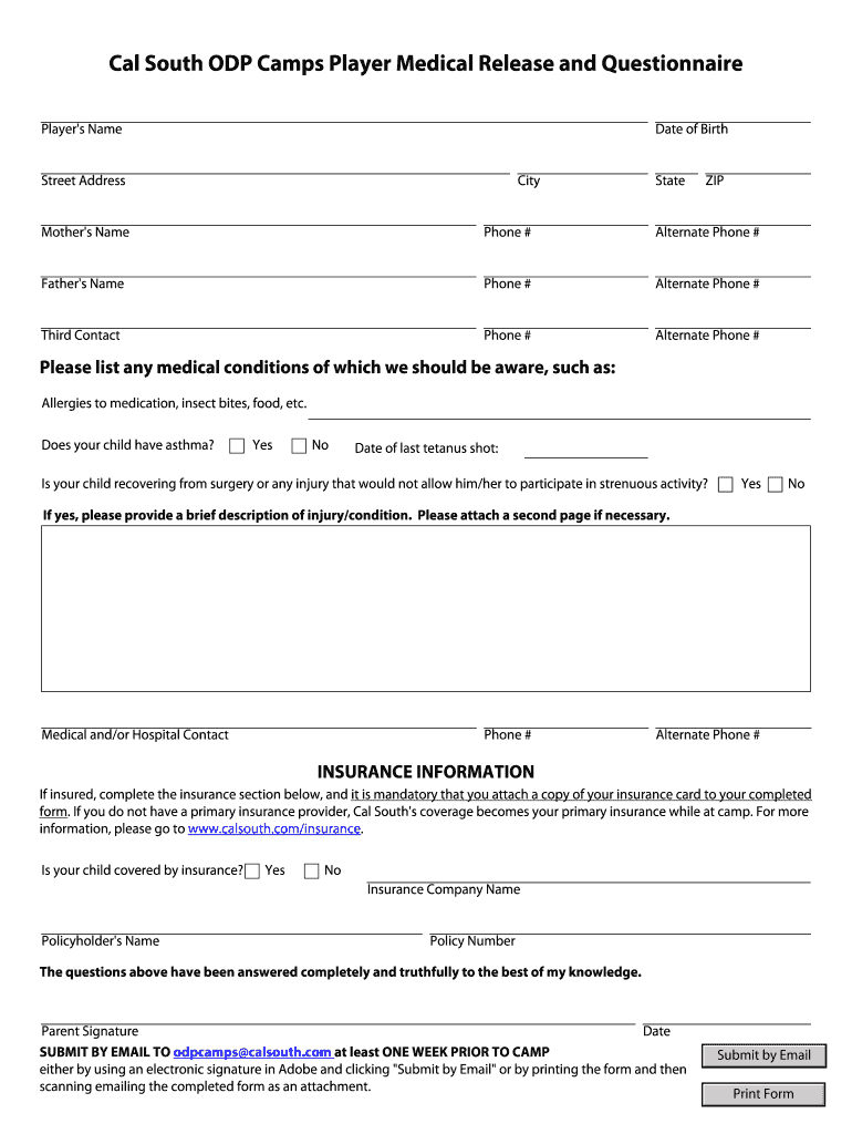 Cal South PRO ODP Cal South  Form