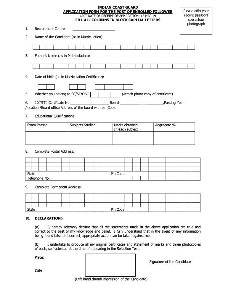 Application Form Indian Coast Guard Ministry of Defence