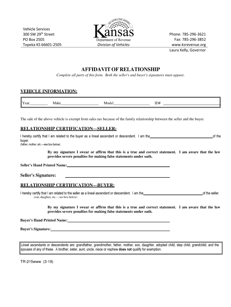  Kansas Affidavit of Relationship 2019-2024