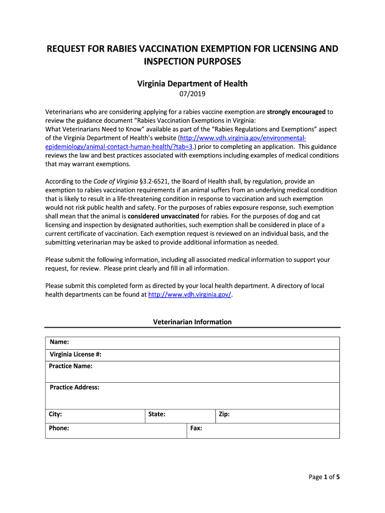 Application for Rabies Vaccination Exemption Virginia  Form