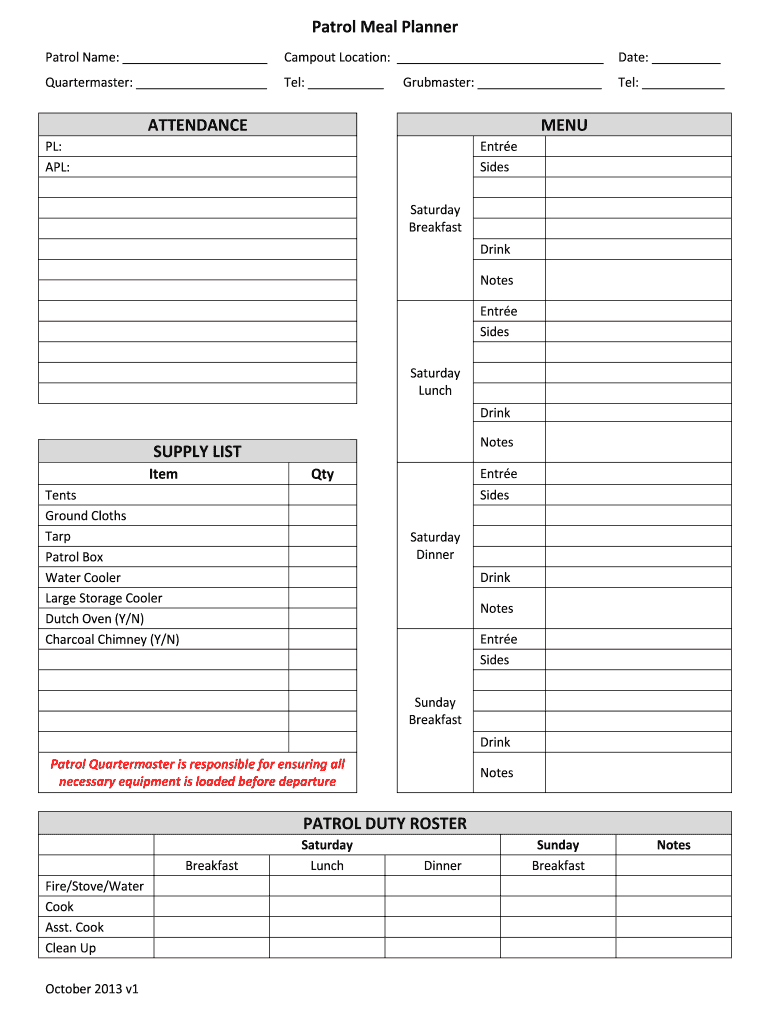 Patrol Menu Planning Worksheet  Form