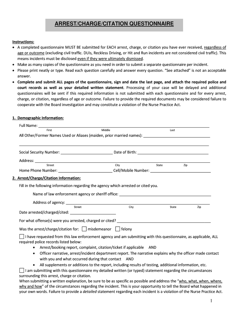 ARRESTCHARGECITATION QUESTIONNAIRE  Form