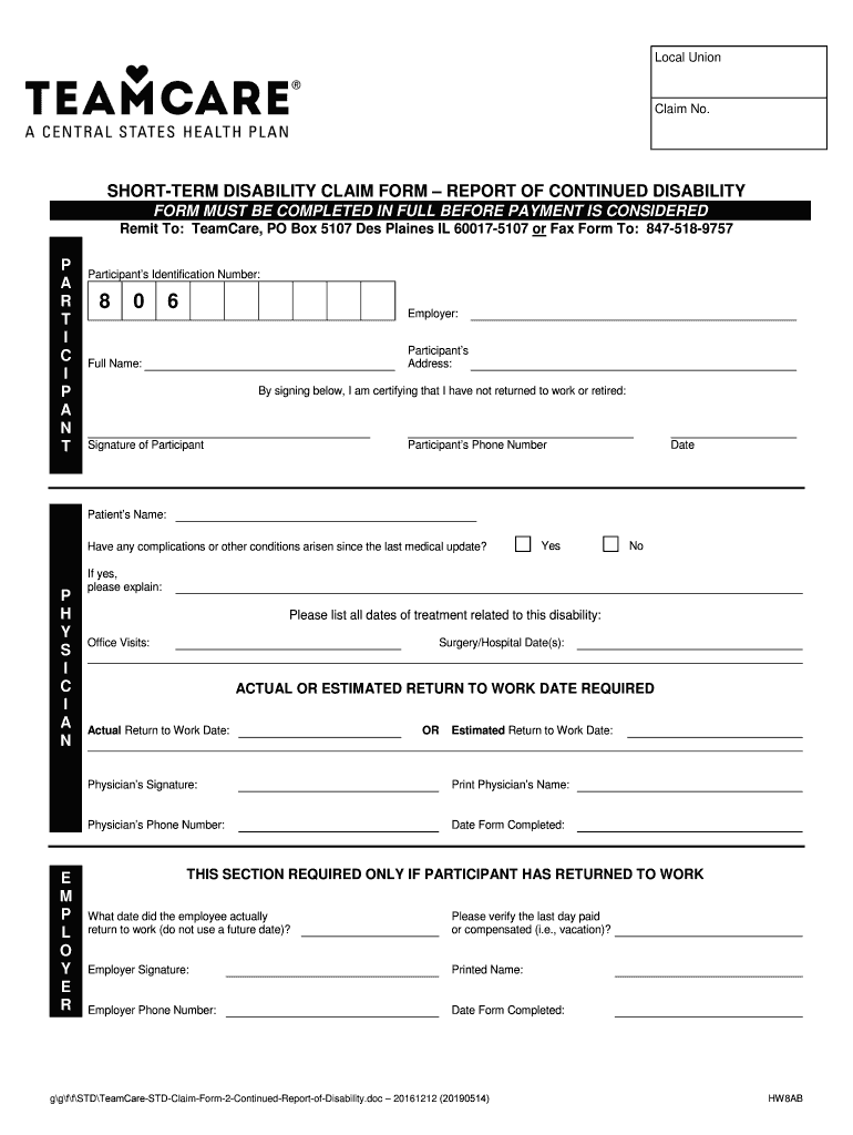  Short Term Disability Claim Form Initial Report of TeamCare 2019-2024