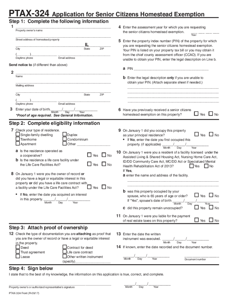  PTAX 324 Application for Senior Citizens Homestead Exemption Senior Citizens Homestead Exemption Stephenson County 2017-2024