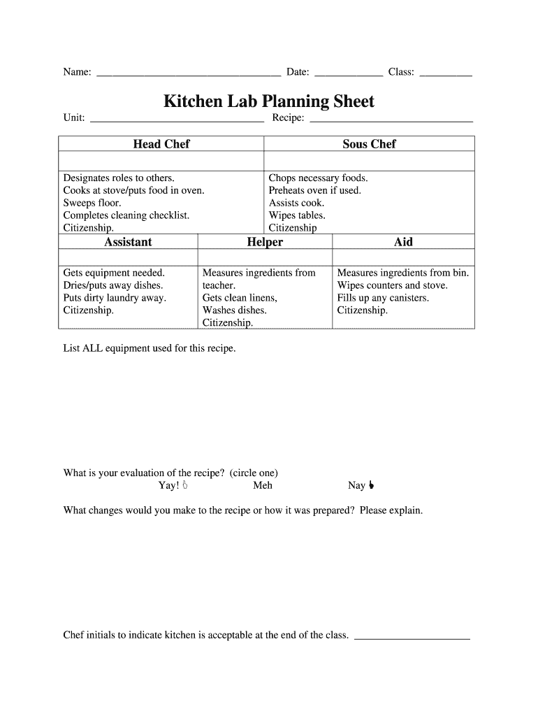 Foods Lab Planning Sheet  Form