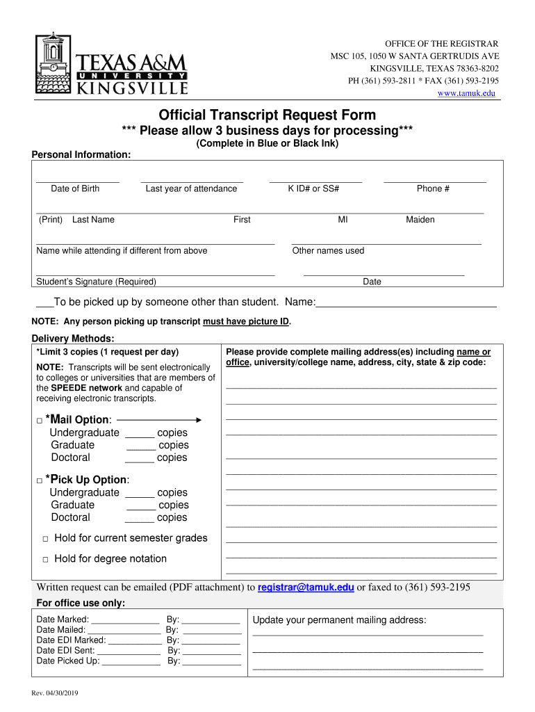  Official Transcript Request Form Texas A&M University 2019-2024