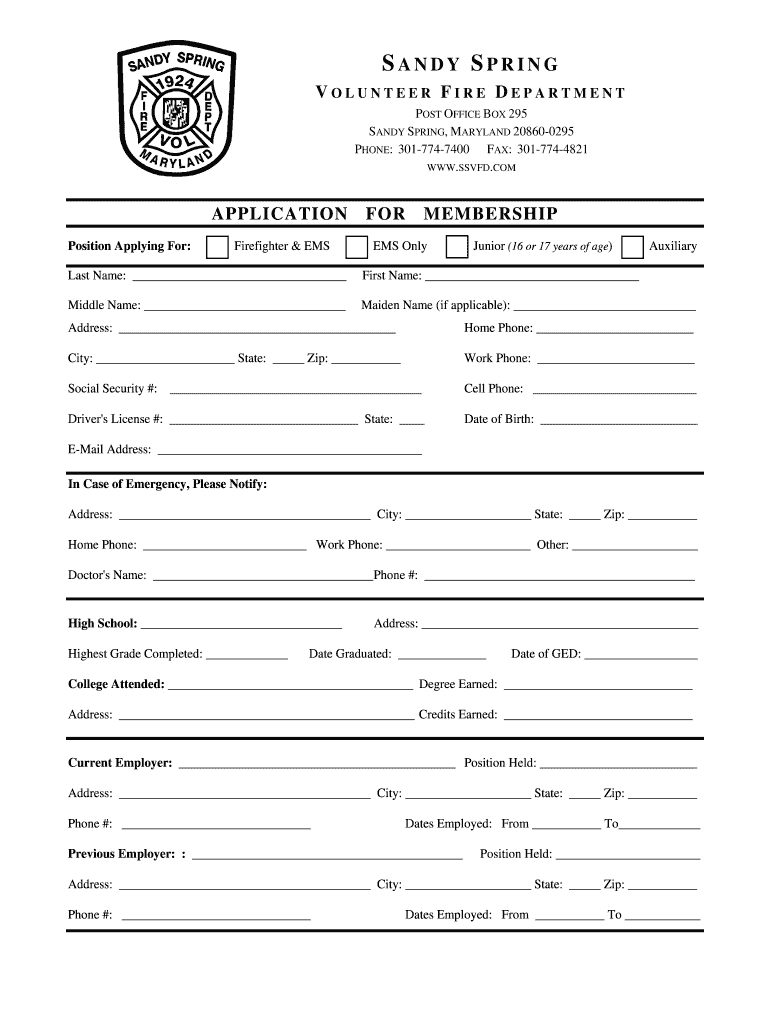 Sandy Spring Volunteer Fire Department Montgomery  Form