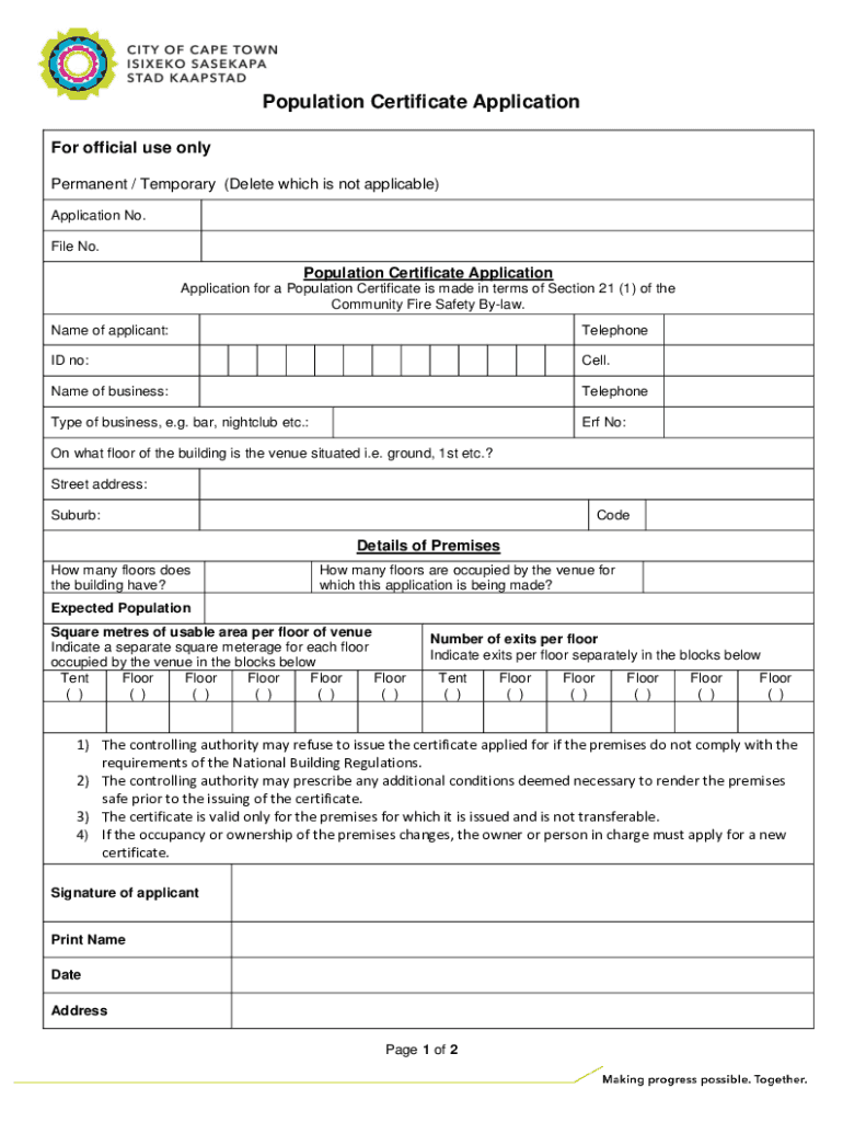 South Africa Population Certificate Application  Form
