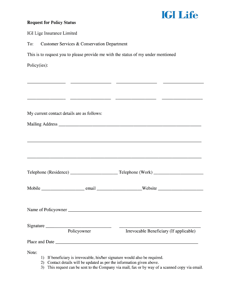 Igi Life Insurance Policy Status  Form