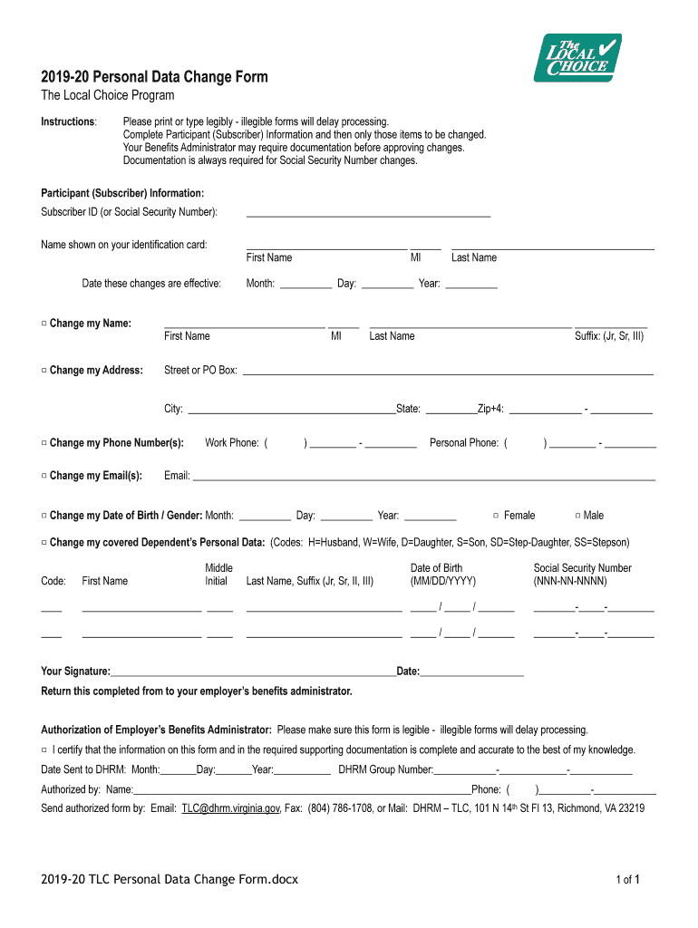 20 TLC Personal Data Change Form the Local Choice