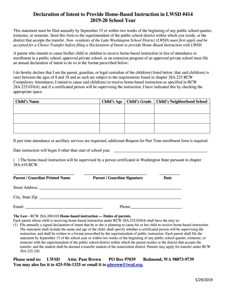 Get and Sign Send This Form to the Superintendent of the Public School District within Which You Reside, or the 2019