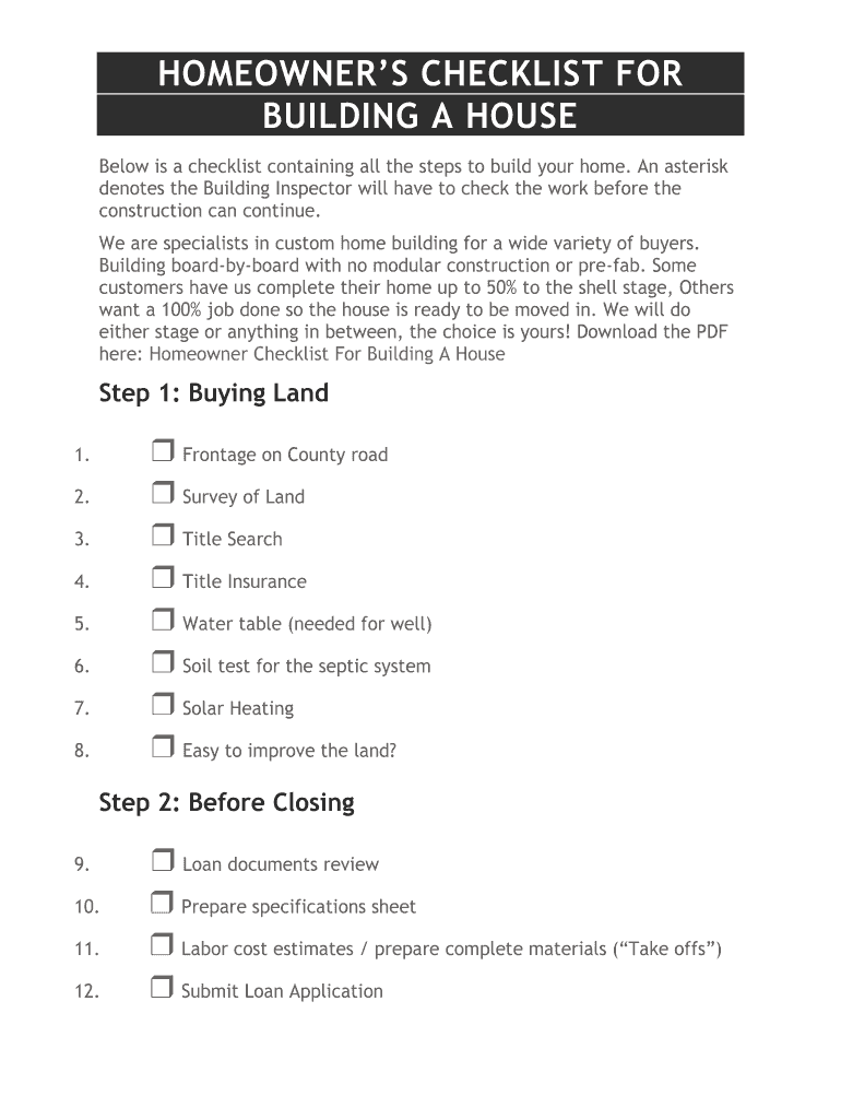 Steps to Building a House Checklist  Form