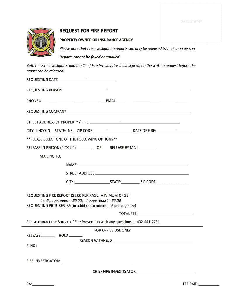 Request for Fire Report for Property Owner or Insurance Agency  Form