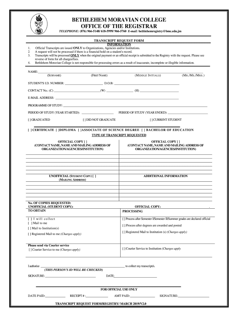 Bethlehem Moravian College Transcript Request  Form