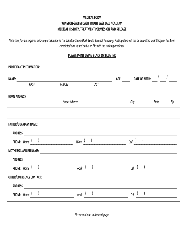 Medical Form Winston Salem Dash Youth Baseball Academy