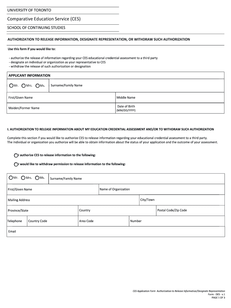 1CES Application Form Designate Third Party, Release Information Form DES V 1 PDF