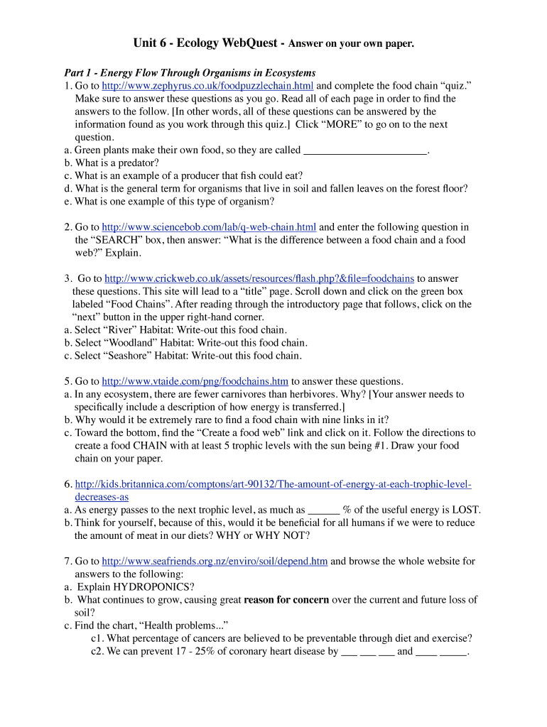 Unit 6 Ecology Webquest Answer Key  Form