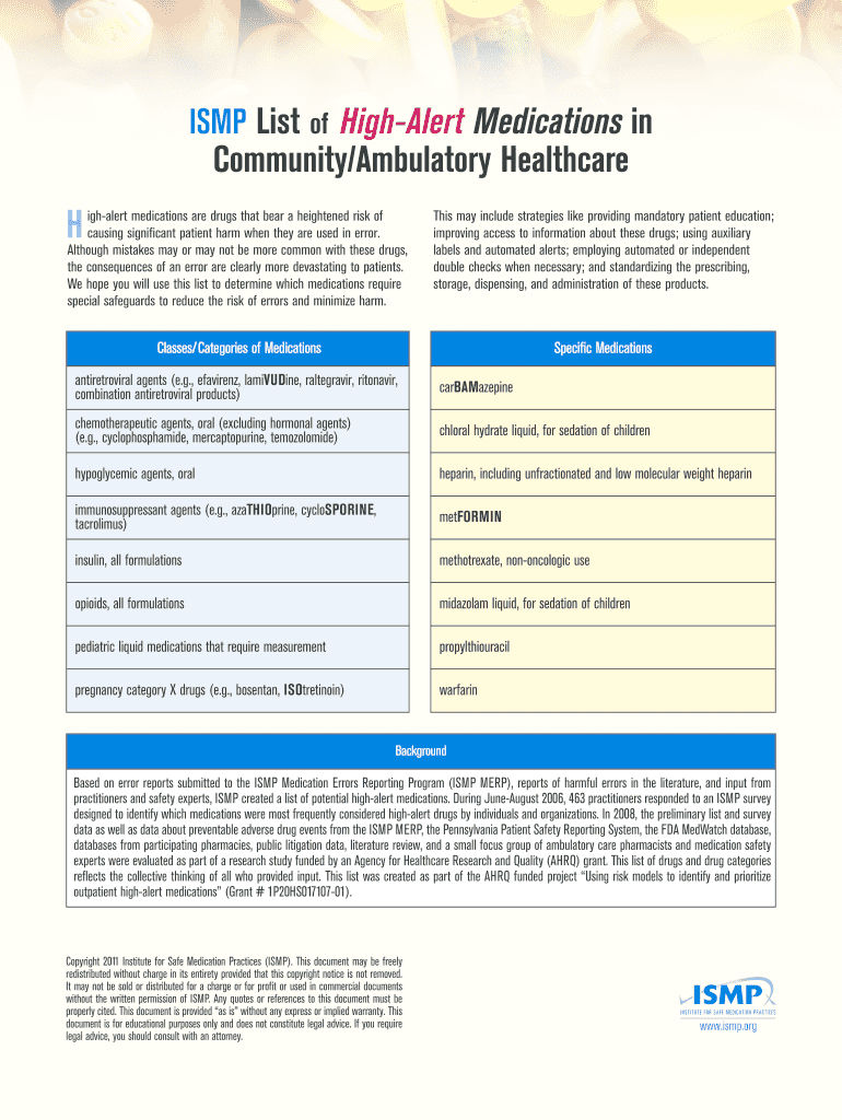 ISMP List of High Alert Medications in CommunityAmbulatory Healthcare High Alert Medications  Form