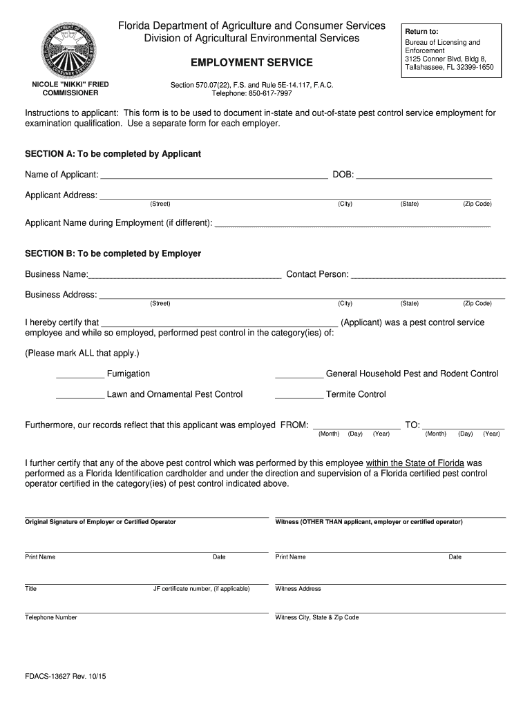 FDACS 13607 Florida Department of Agriculture  Form