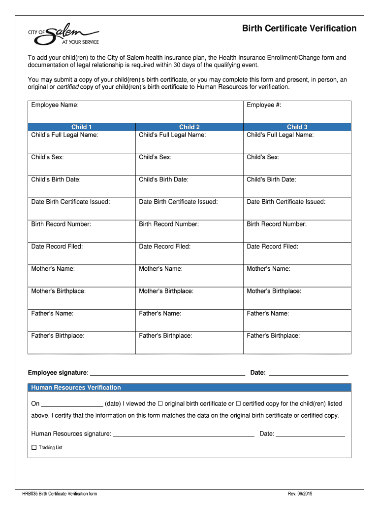 Birth Certificate Verification Form City of Salem