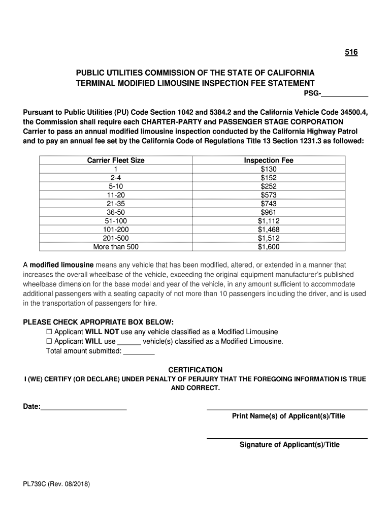 PL739 C Modified Limousine Inspection Fee Statement  Form