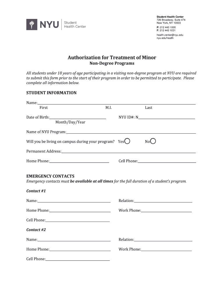 Get and Sign Authorization for Treatment of a Minor NYU  Form