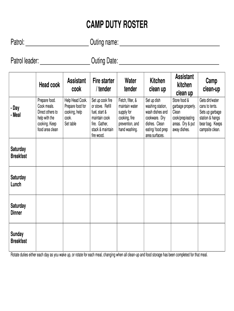 TROOP 284 CAMP DUTY ROSTER  Form