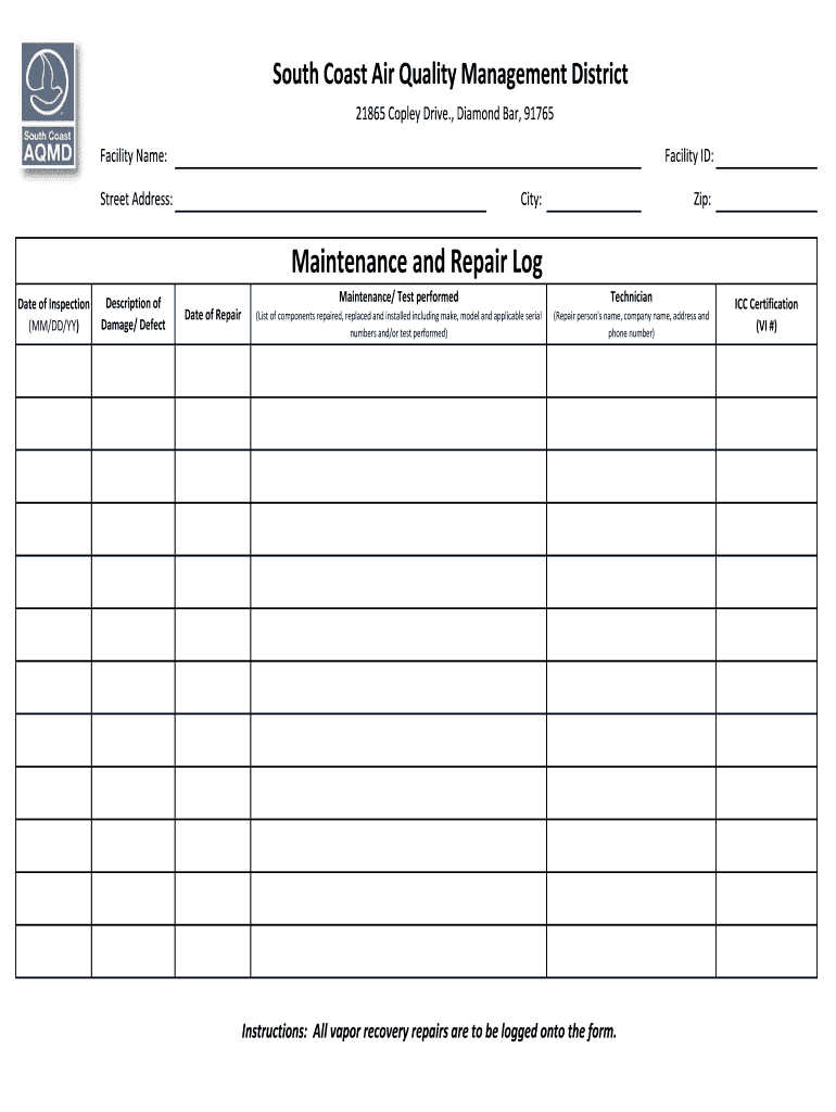 Maintenance and Repair Log  Form