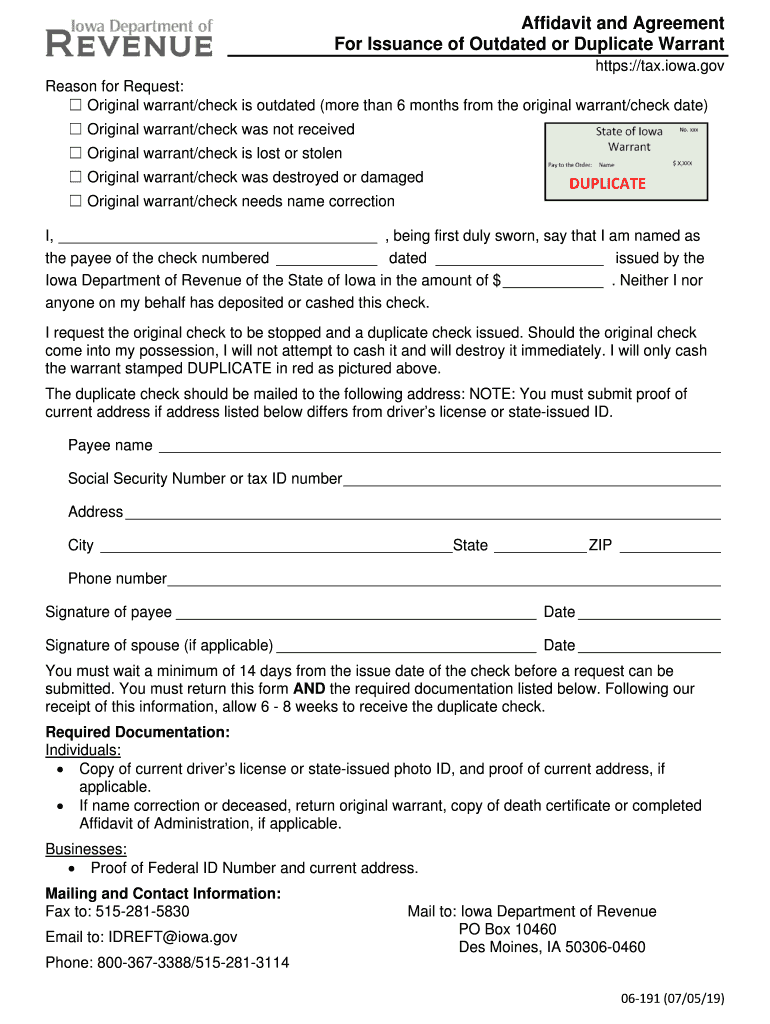 Affidavit and Agreement for Issuance of Duplicate Warrant 06  Form