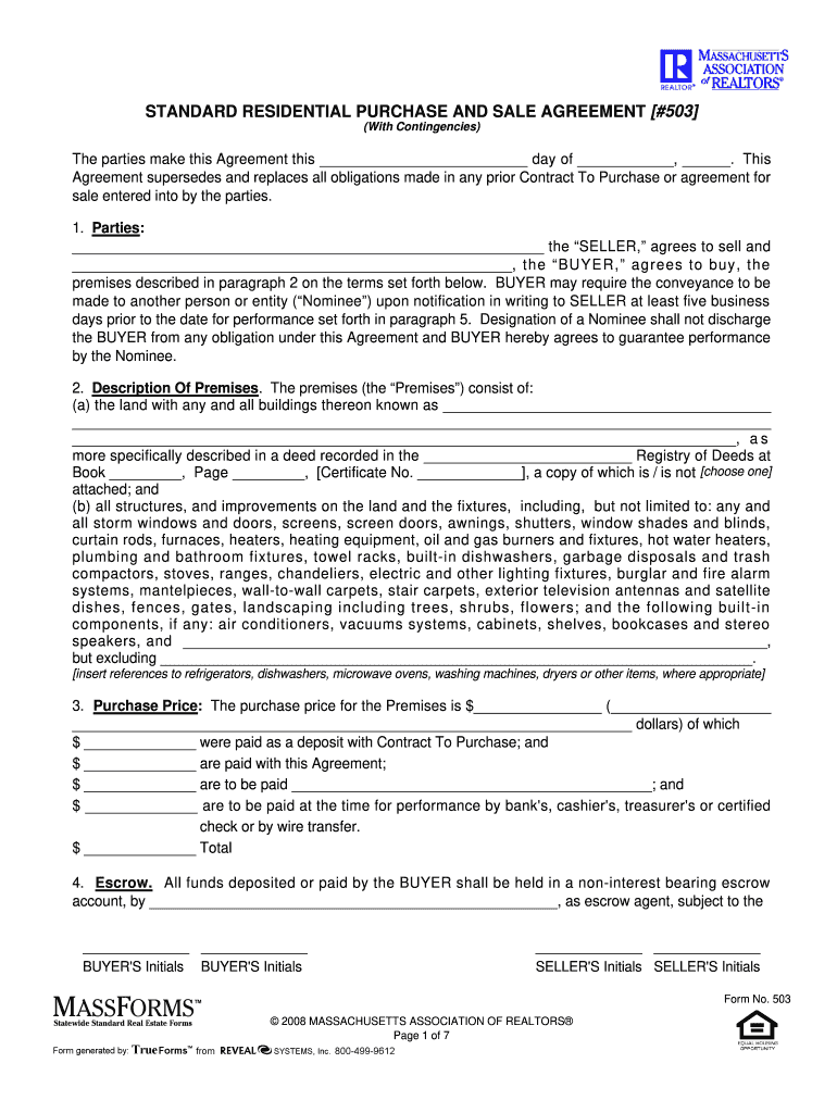 Massachusetts Standard Residential Purchase and Sale Agreement  Form