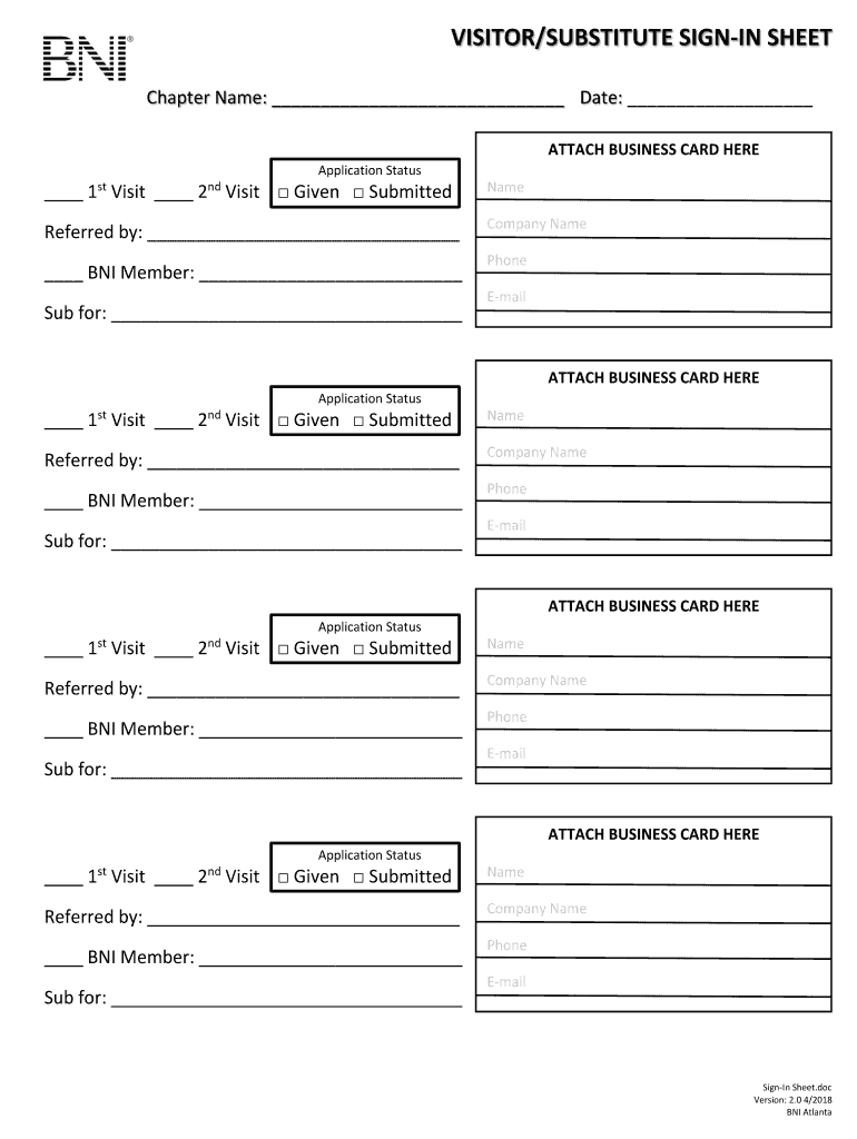  Bni Visitor Sign in Sheet 2018-2024