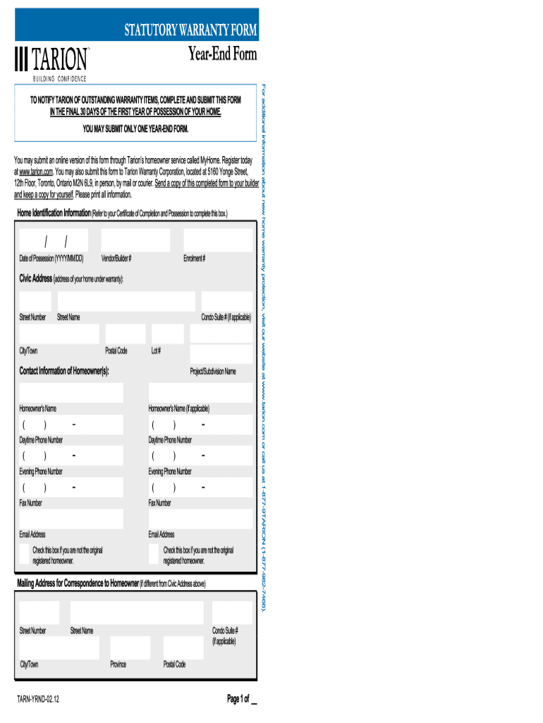 Tarion Year End Form