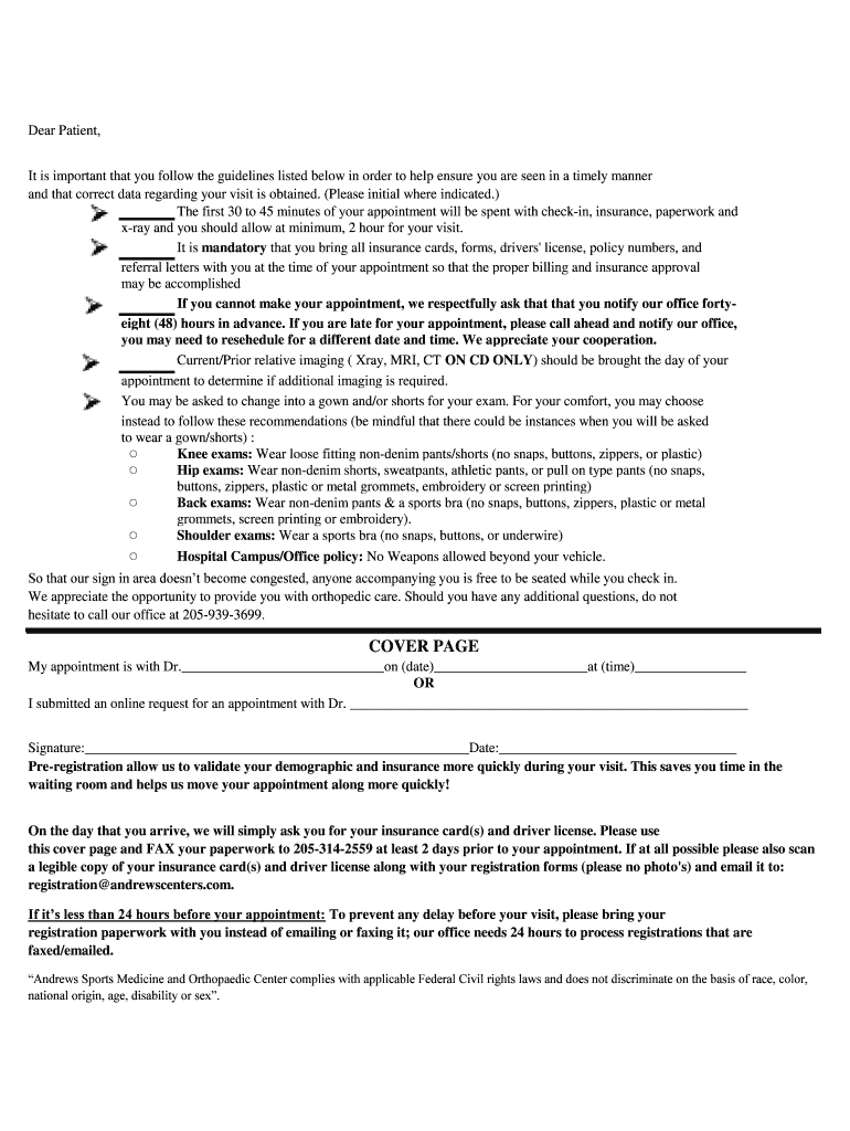 COVER PAGE Andrews Sports Medicine  Form