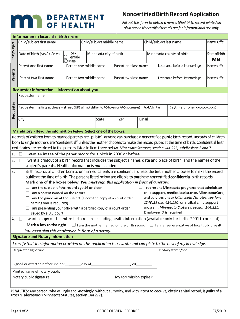  Noncertified Birth Record Application PDF 2019