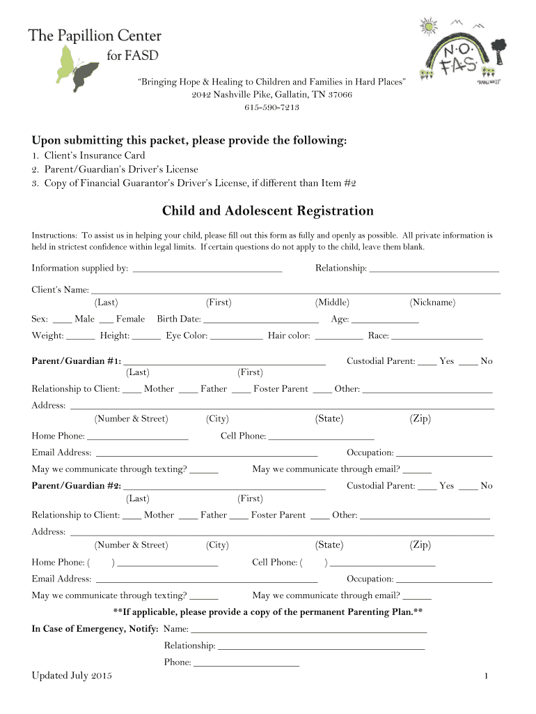 Child and Adolescent Registration the Papillion Center  Form