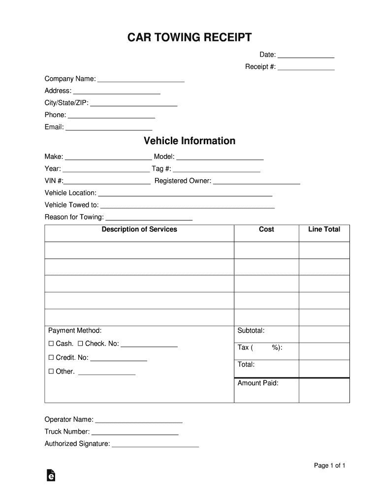 Towing Receipt Template  Form