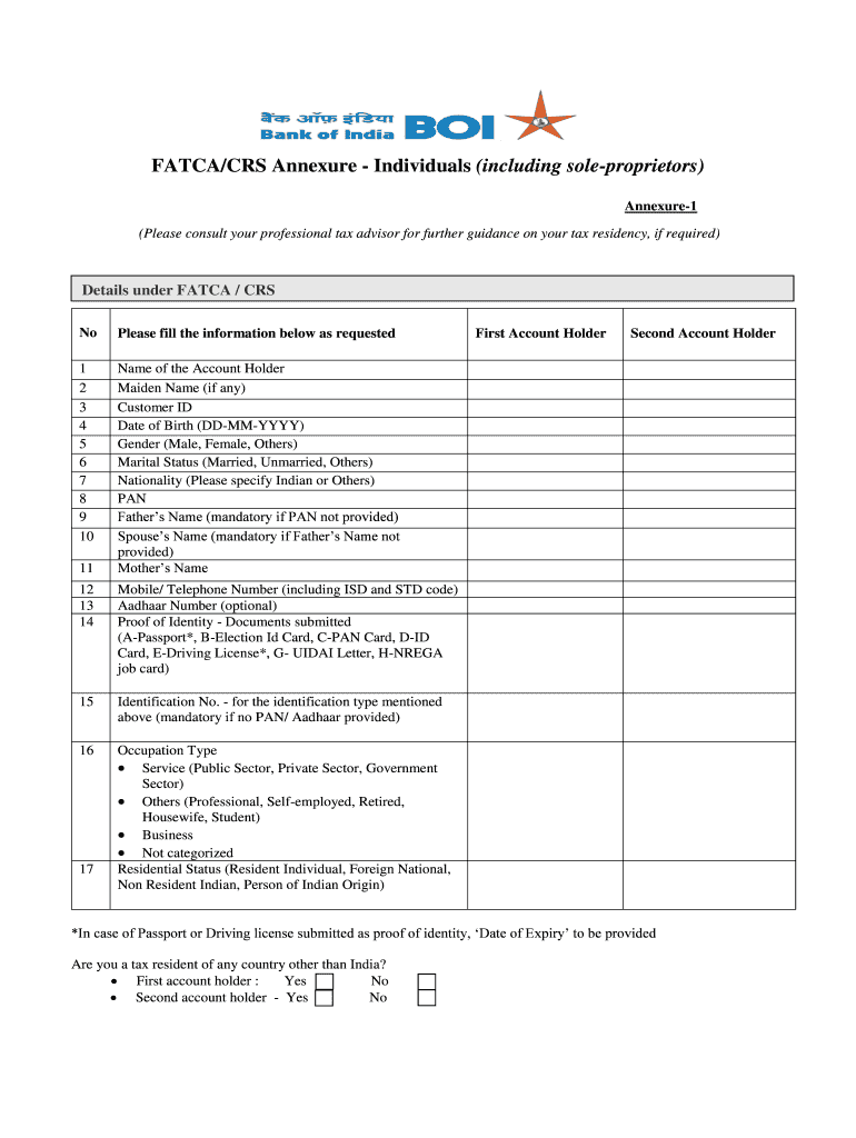 FATCACRS Annexure Bank of India  Form