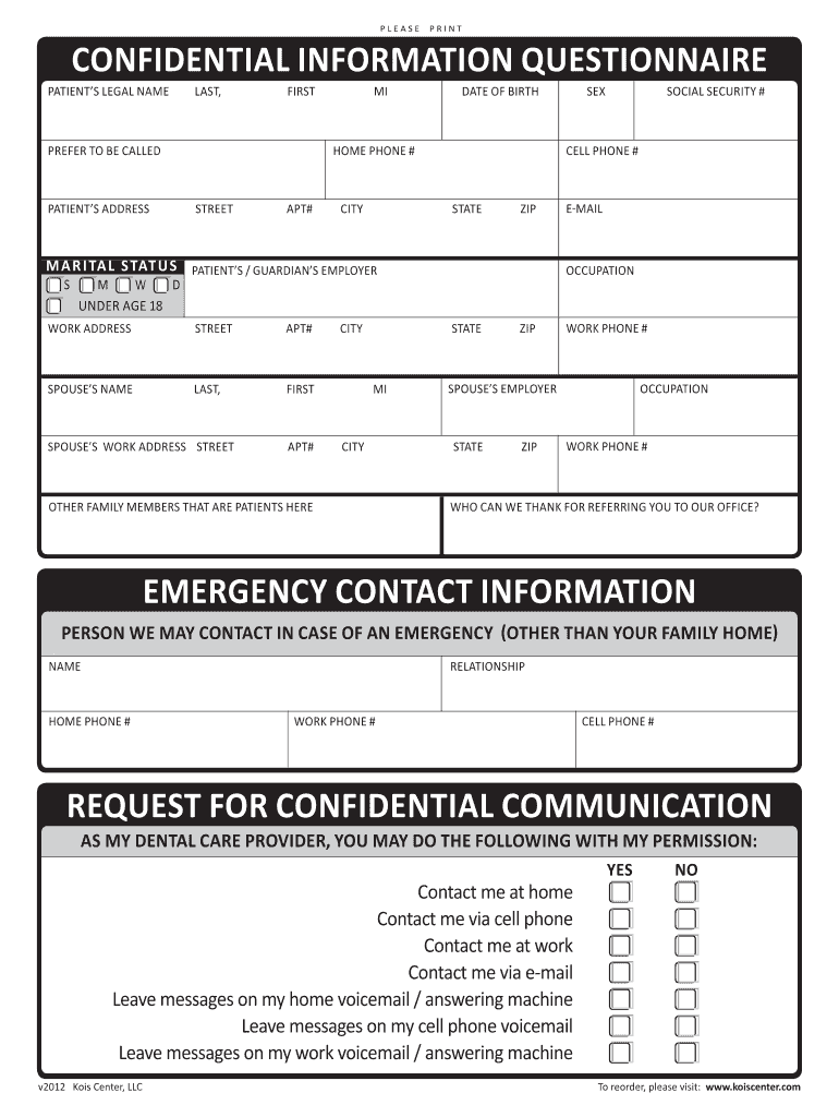  Kois Center Confidential Information Questionnaire 2012-2024