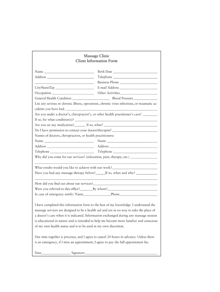 Massage Client Intake Form General and Medical Information