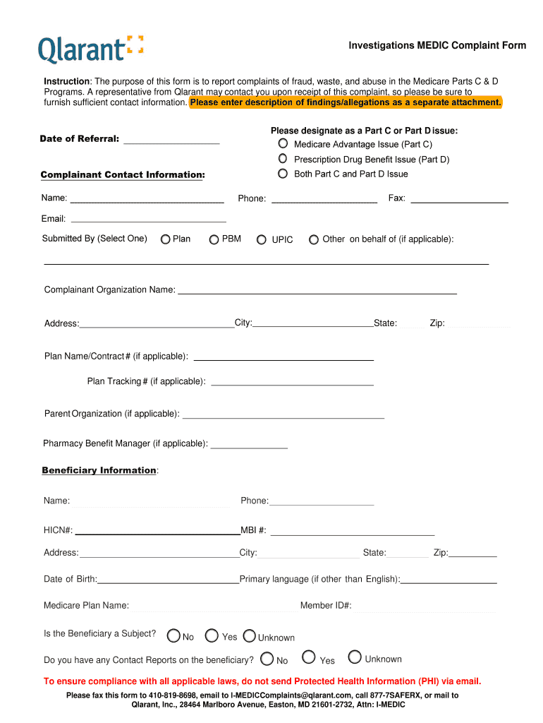 Investigations MEDIC Complaint Form