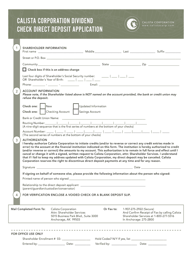 Calista Corporation Dividend Check Direct Deposit Application  Form