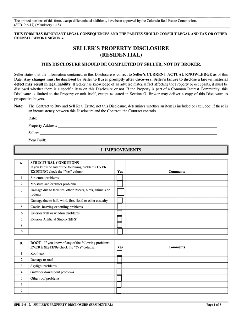 Colorado Sellers Residential Property Disclosure  Form